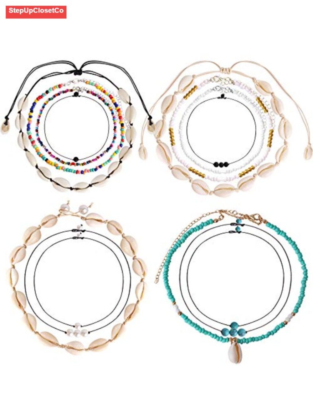 14 Pc Shell Choker Set Puka Beach Bohemian Pearl Lava Stone Necklaces